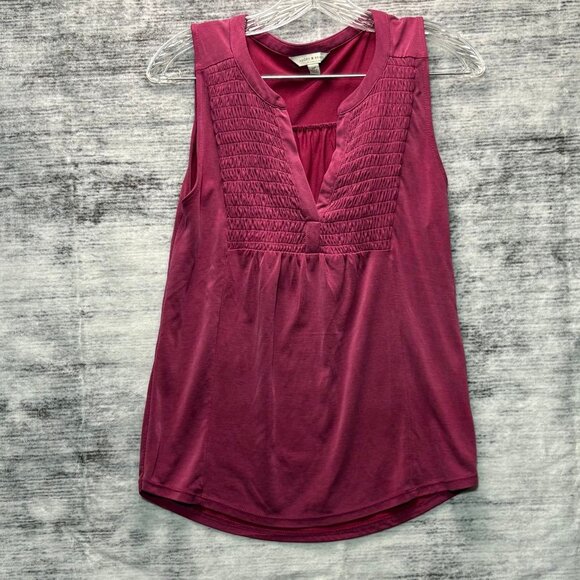 Lucky Brand Burgundy Sleeveless Smocked V-Neck Tank Top | Size S/P - Picture 1 of 6